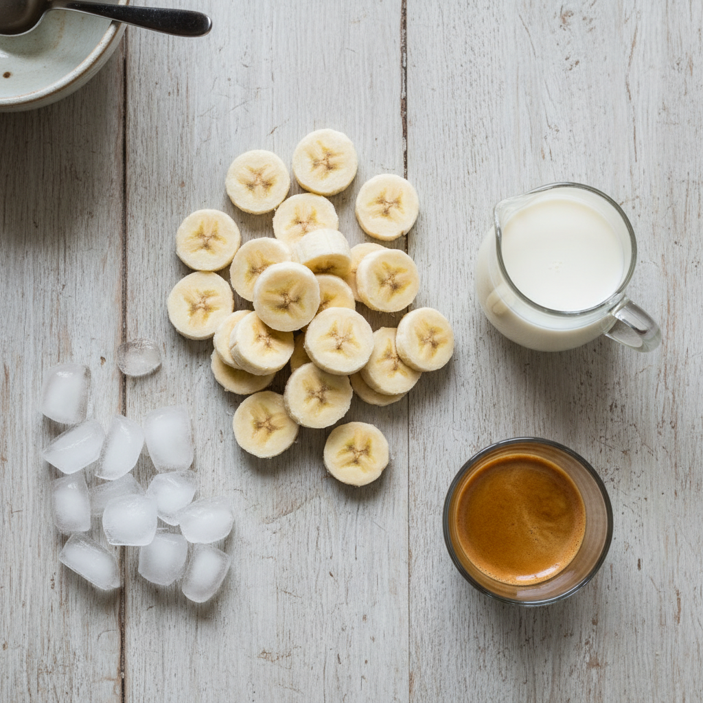 Ingredients for Espresso Banana Freeze laid out