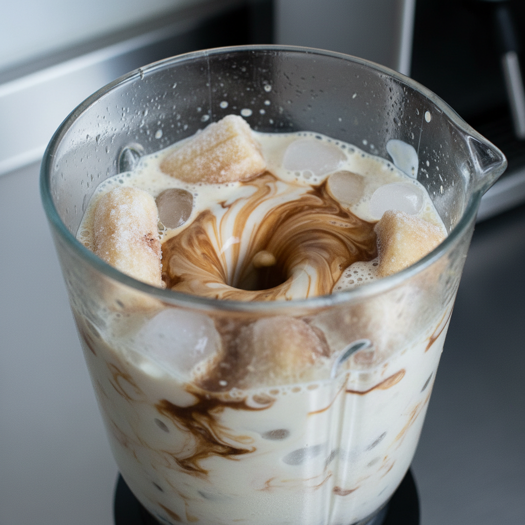 Ice cubes being added to the blender with banana and almond milk