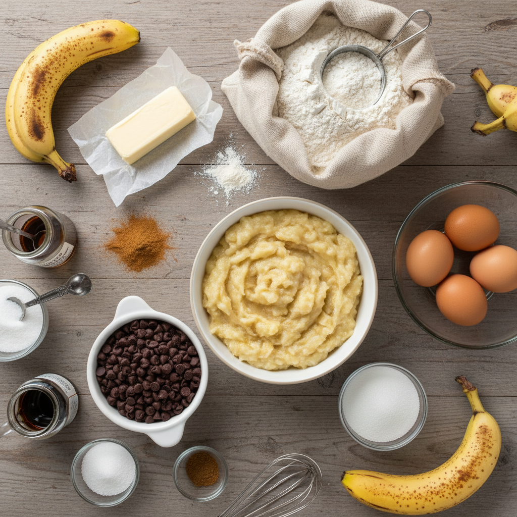 Ingredients and tools for banana bread recipe
