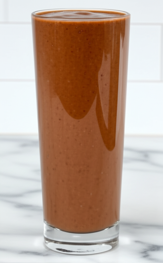 Espresso Chocolate Protein Smoothie in glass with coffee beans