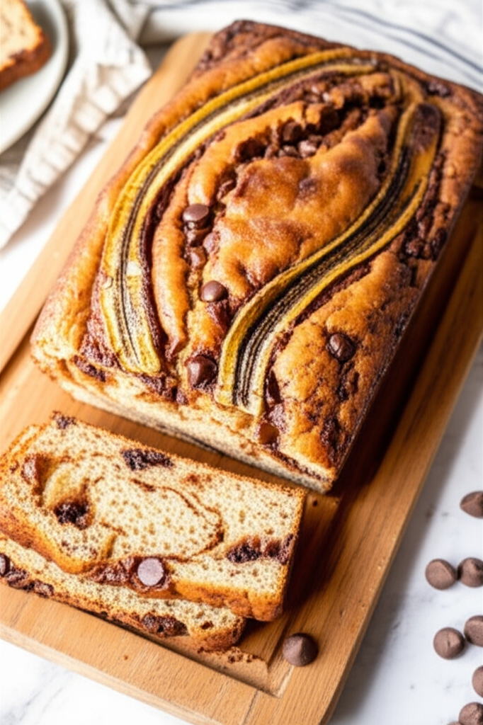 Chocolate Chip Cinnamon Swirl Banana Bread on a wooden table