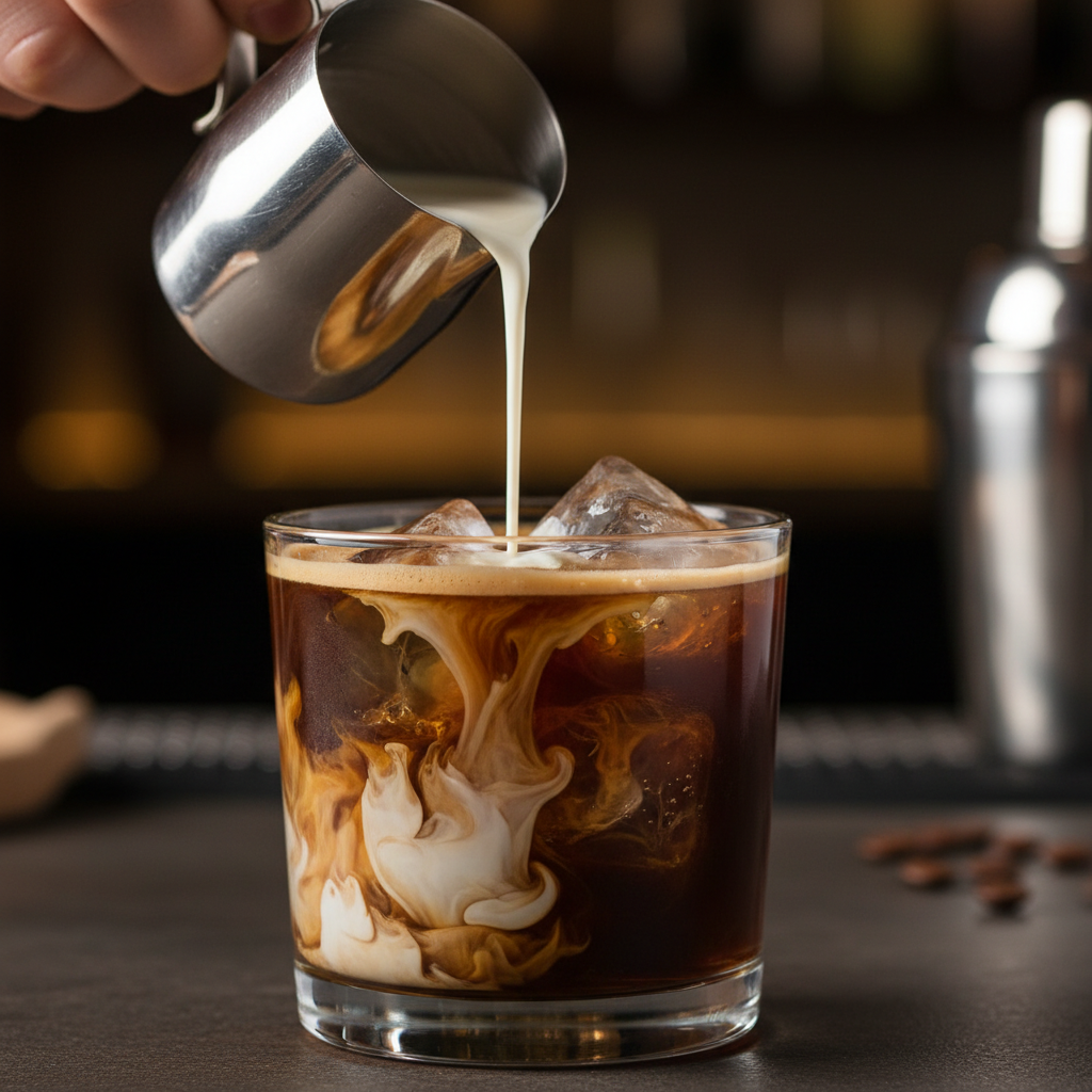 Preparing and mixing Espresso White Russian cocktail glass