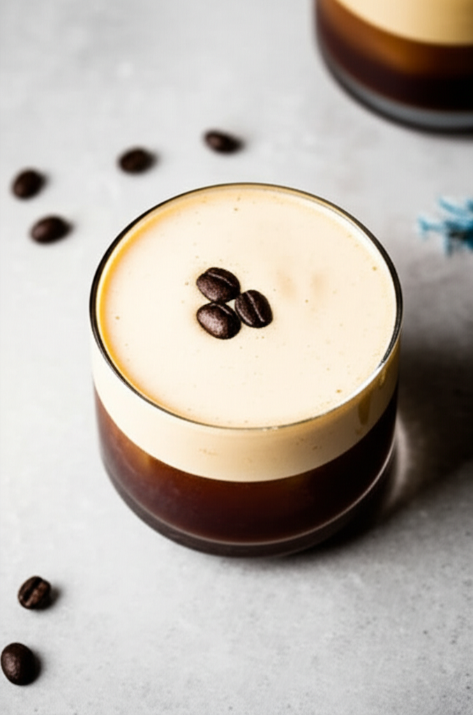 Espresso White Russian drink on table with coffee background