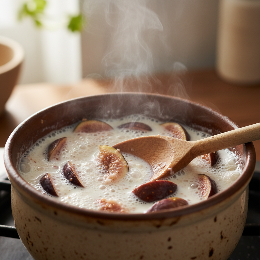 Simmering and mashing figs with milk in a small pot