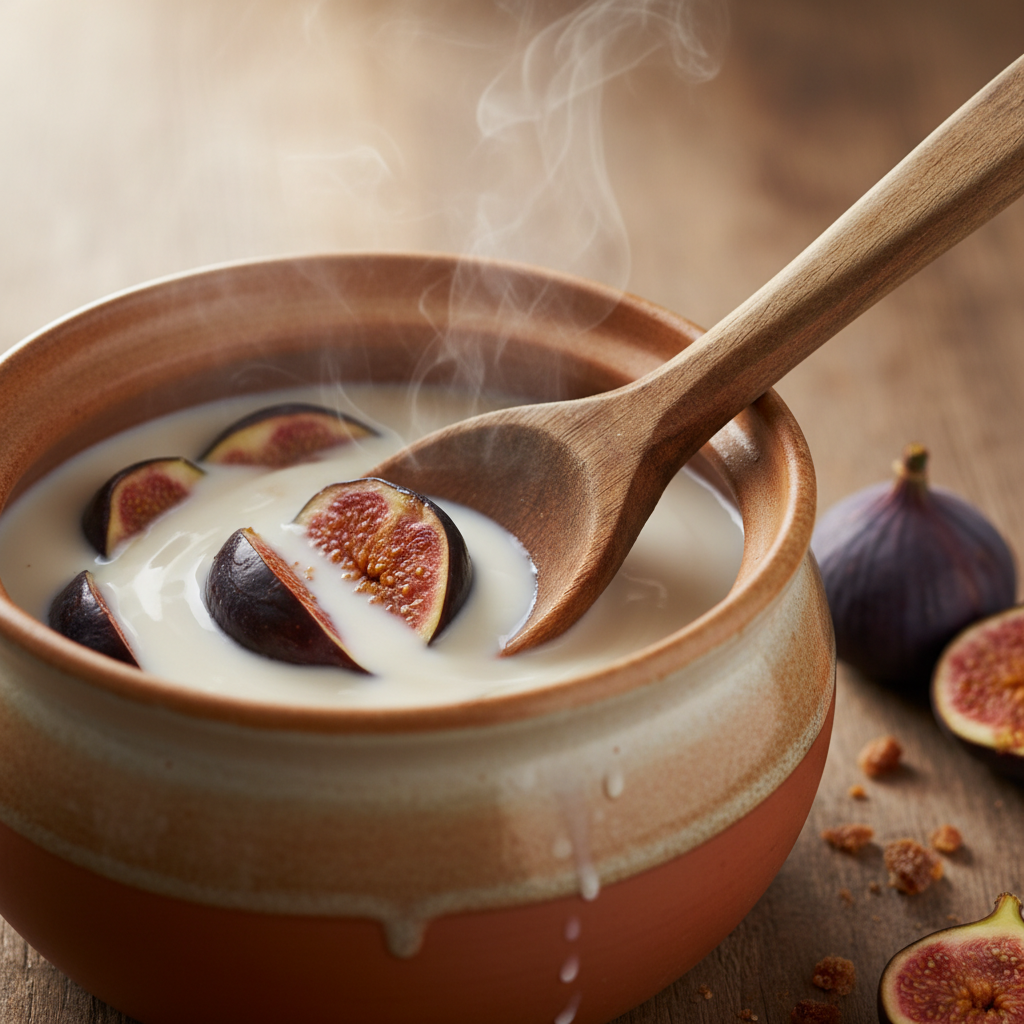 Simmering figs and milk for Fig Vanilla Milk Tea