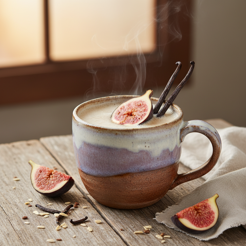 Glass of Fig & Vanilla Milk Tea with fresh figs garnish
