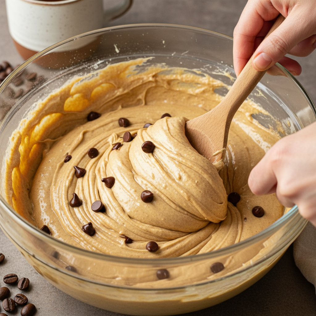 Mixing wet and dry ingredients for coffee cake batter with chocolate chips