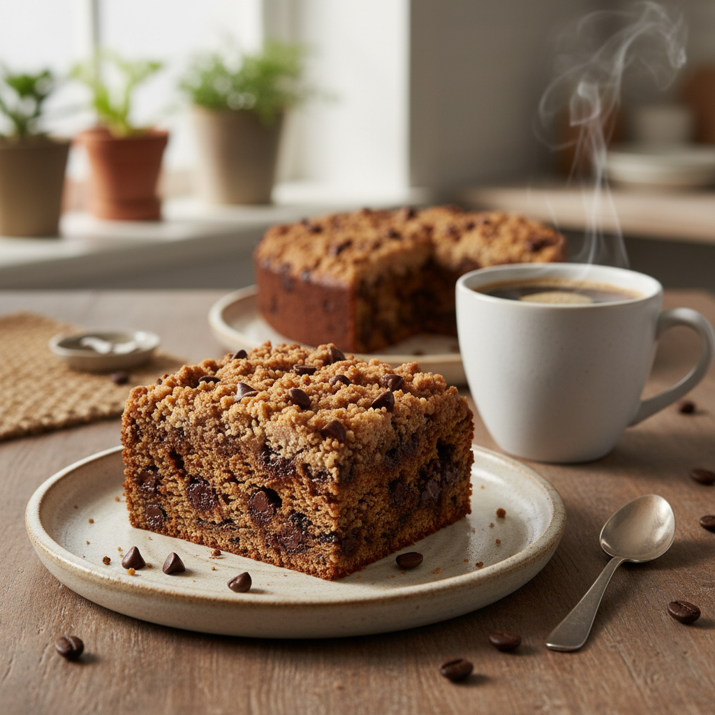 Finished coffee cake with chocolate chips ready to serve