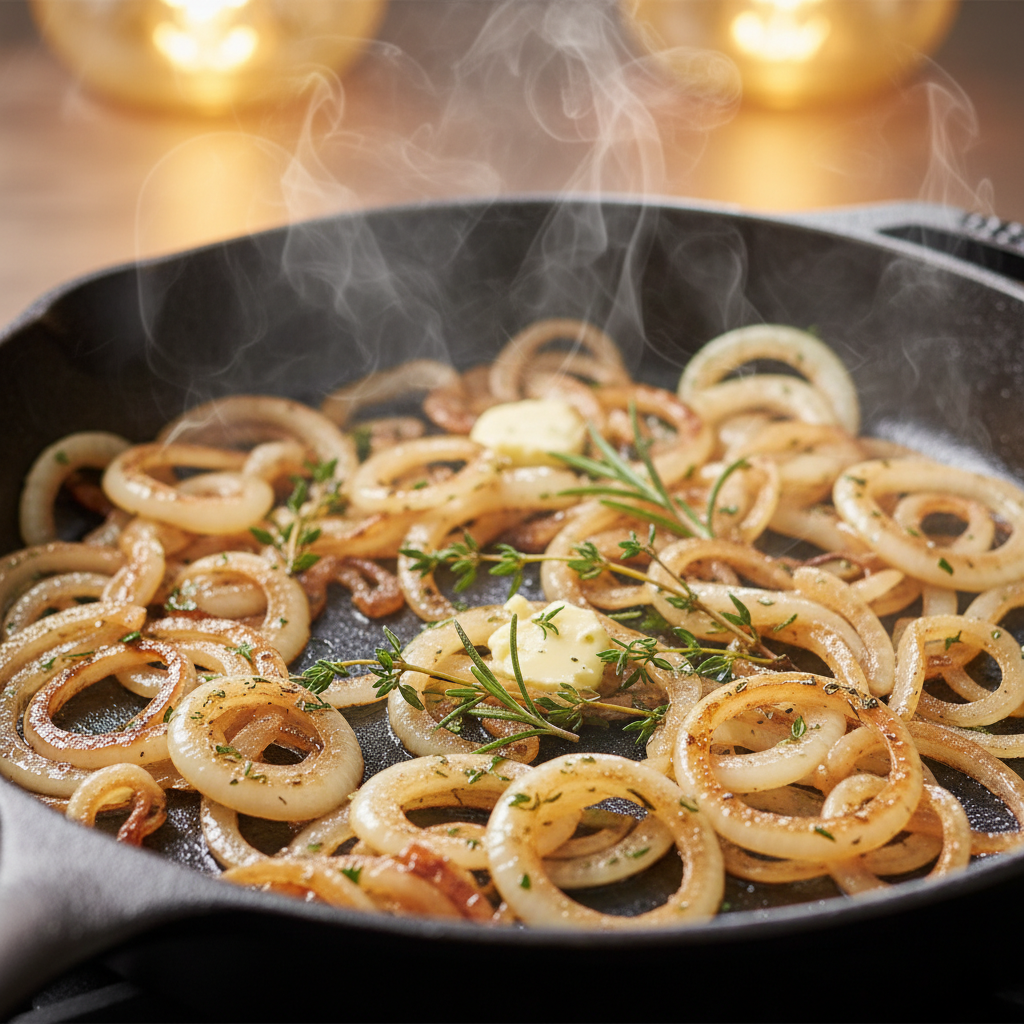 Caramelized onions cooking in skillet