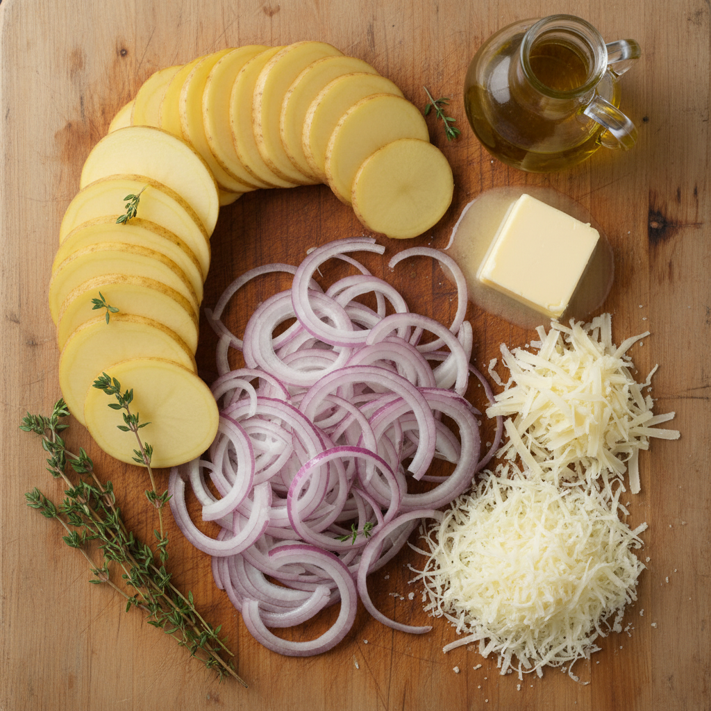 Ingredients for French Onion Potato Bake on a table