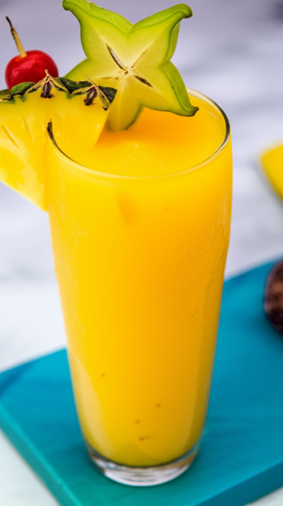 Frozen Mango Daiquiri in a glass with tropical background