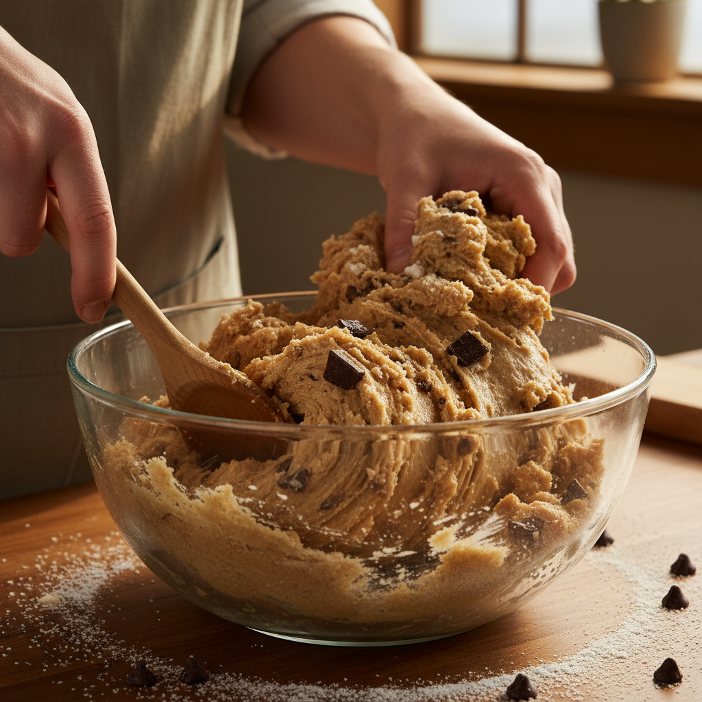 Mixing chocolate chip cookie dough