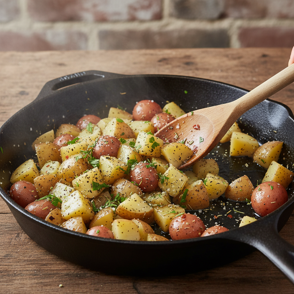 Potatoes cooking in the pan, golden and seasoned