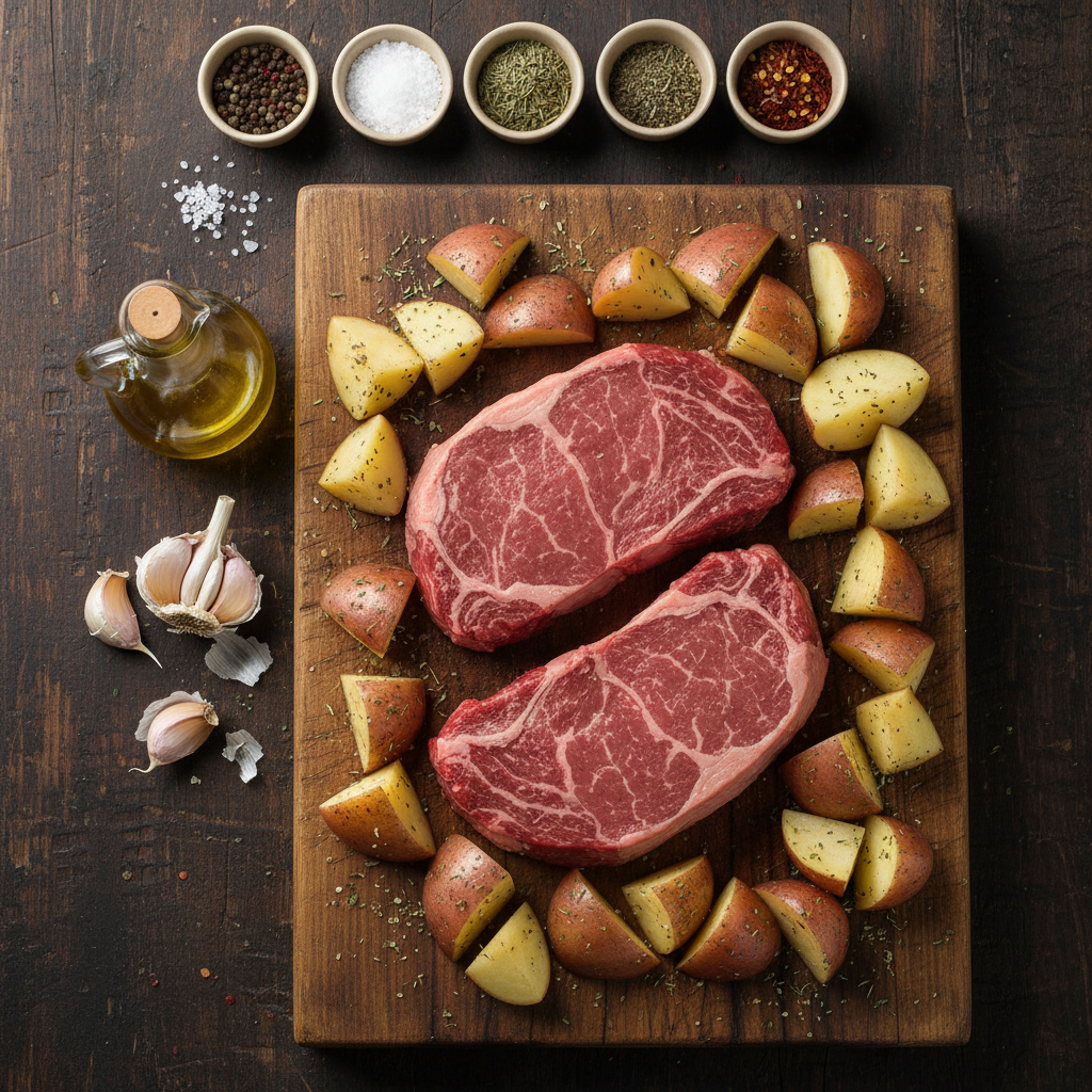 Ingredients for garlic butter steak bites with potatoes