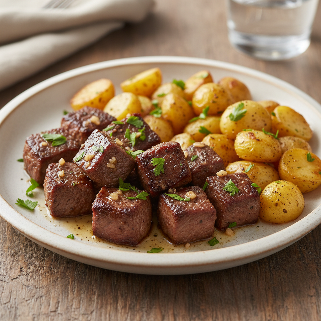 Garlic butter steak bites served with sides