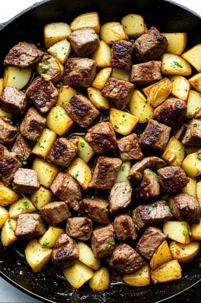 Garlic butter steak bits with golden brown potatoes in pan