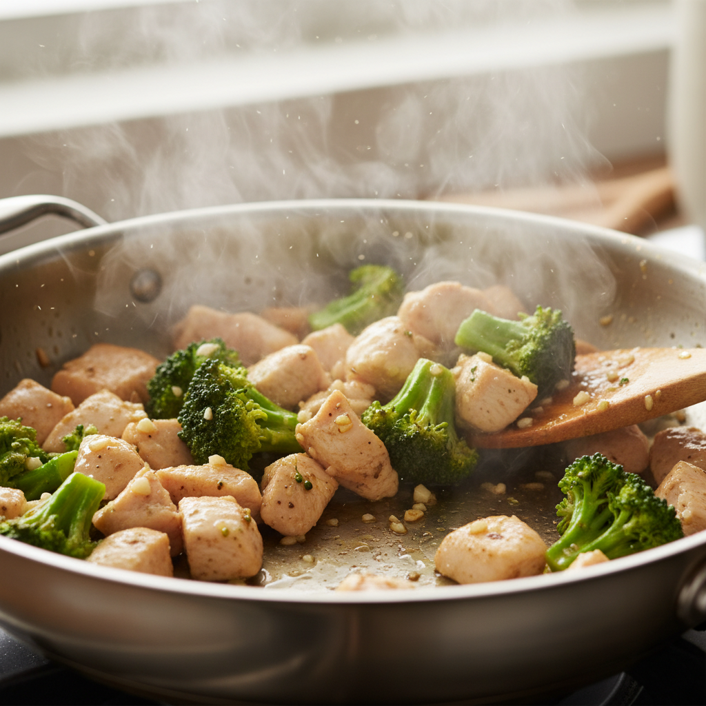Chicken cooking in skillet with garlic