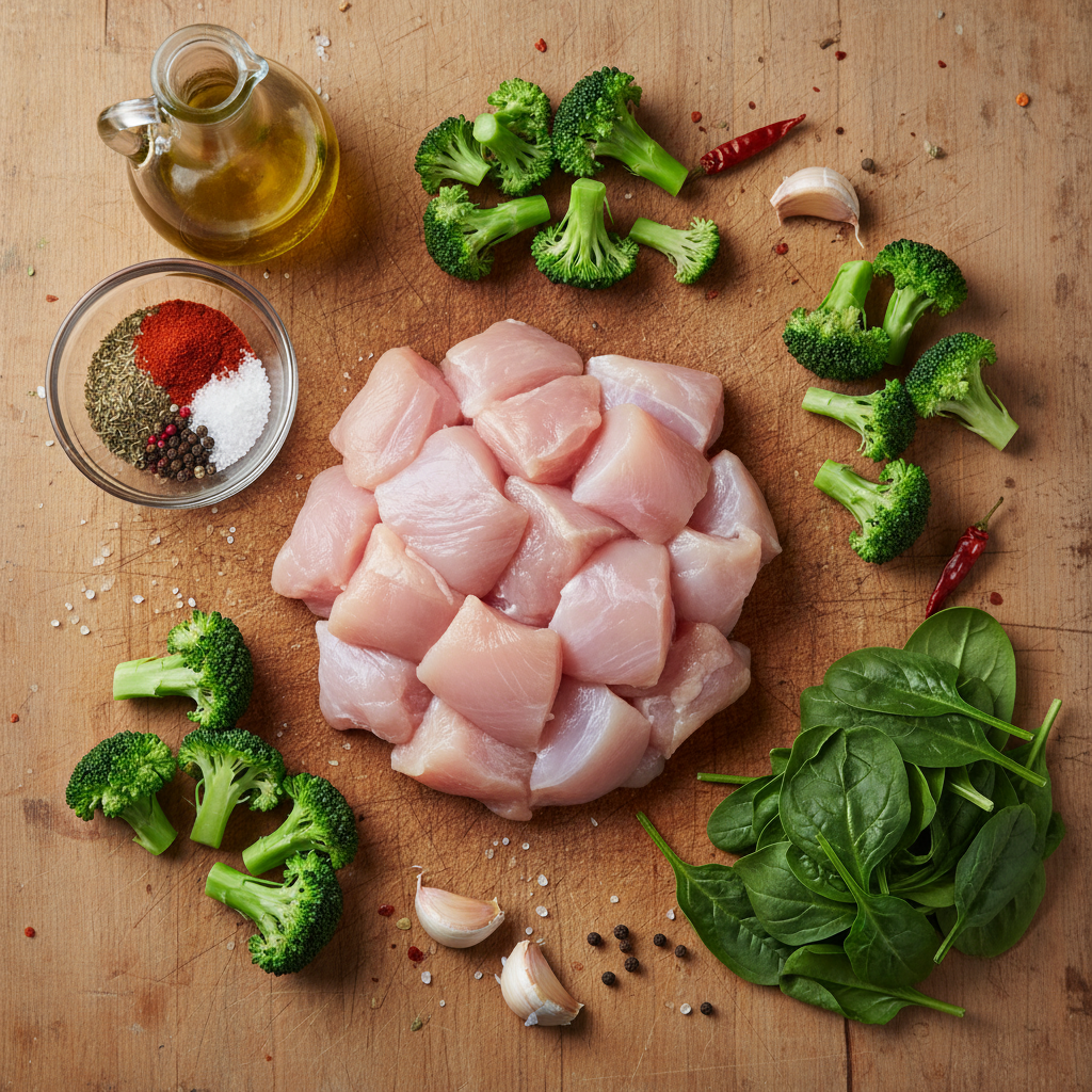 Ingredients for Garlic Chicken with Broccoli and Spinach