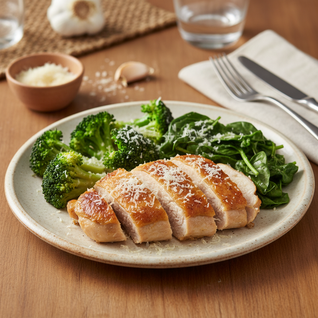 Finished Garlic Chicken with Broccoli and Spinach plated with sides