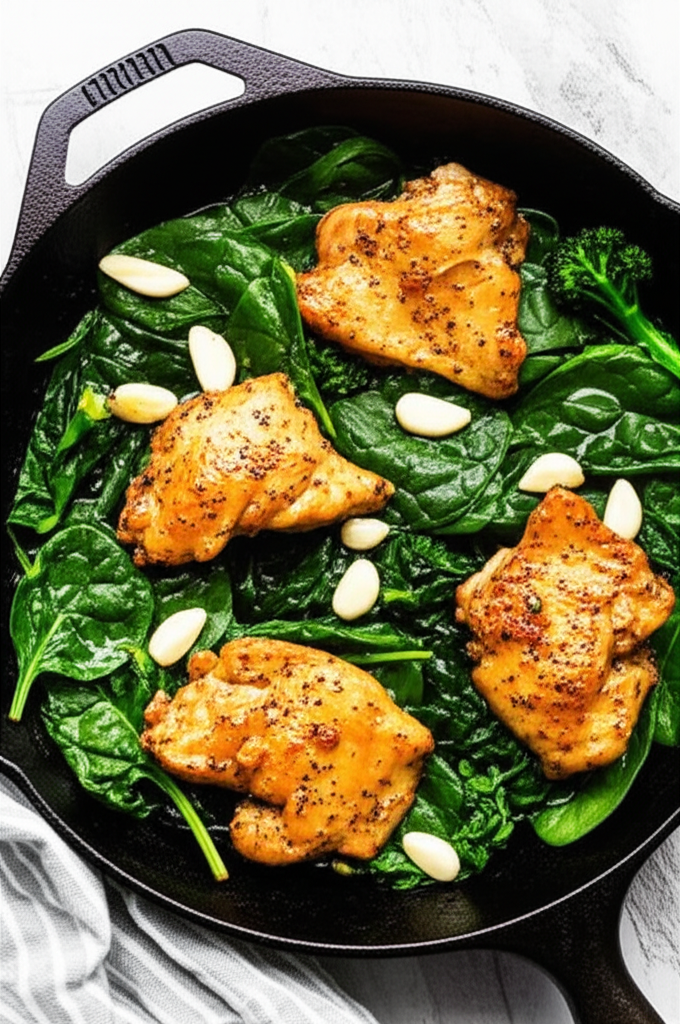 Garlic Chicken with Broccoli and Spinach plated meal