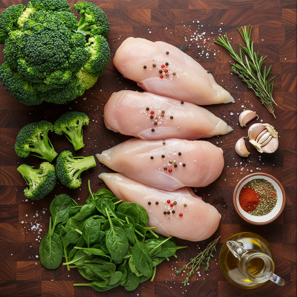 Ingredients for garlic chicken with broccoli and spinach