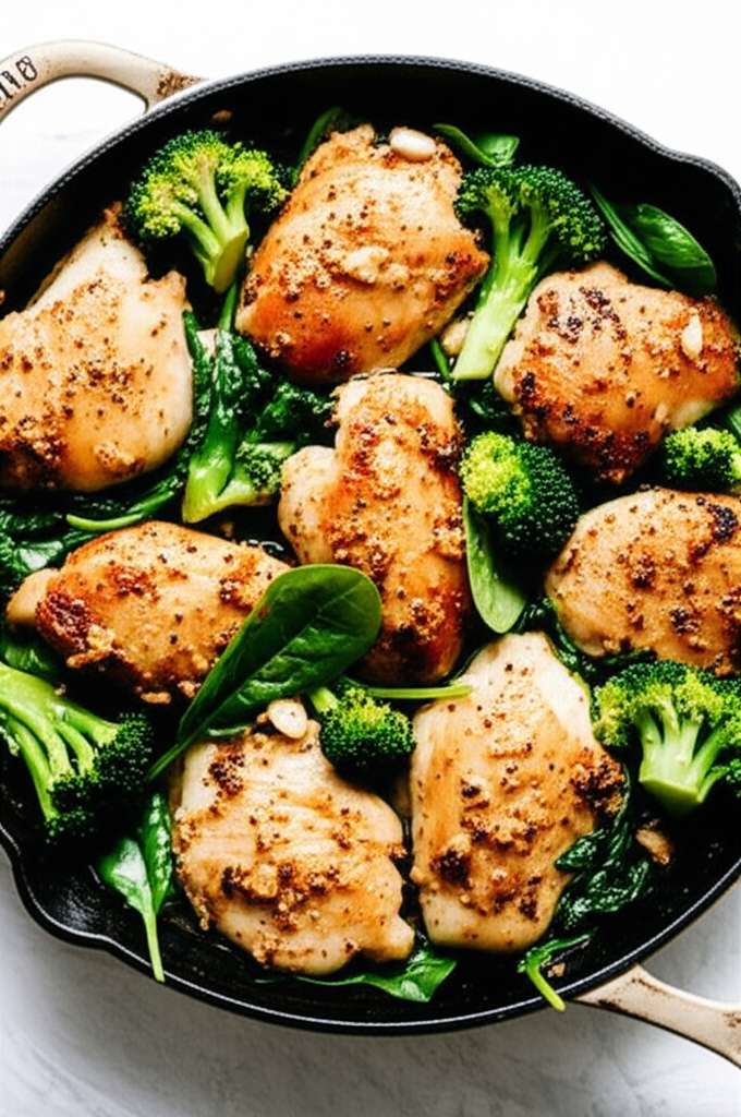 Garlic chicken with broccoli and spinach healthy dinner