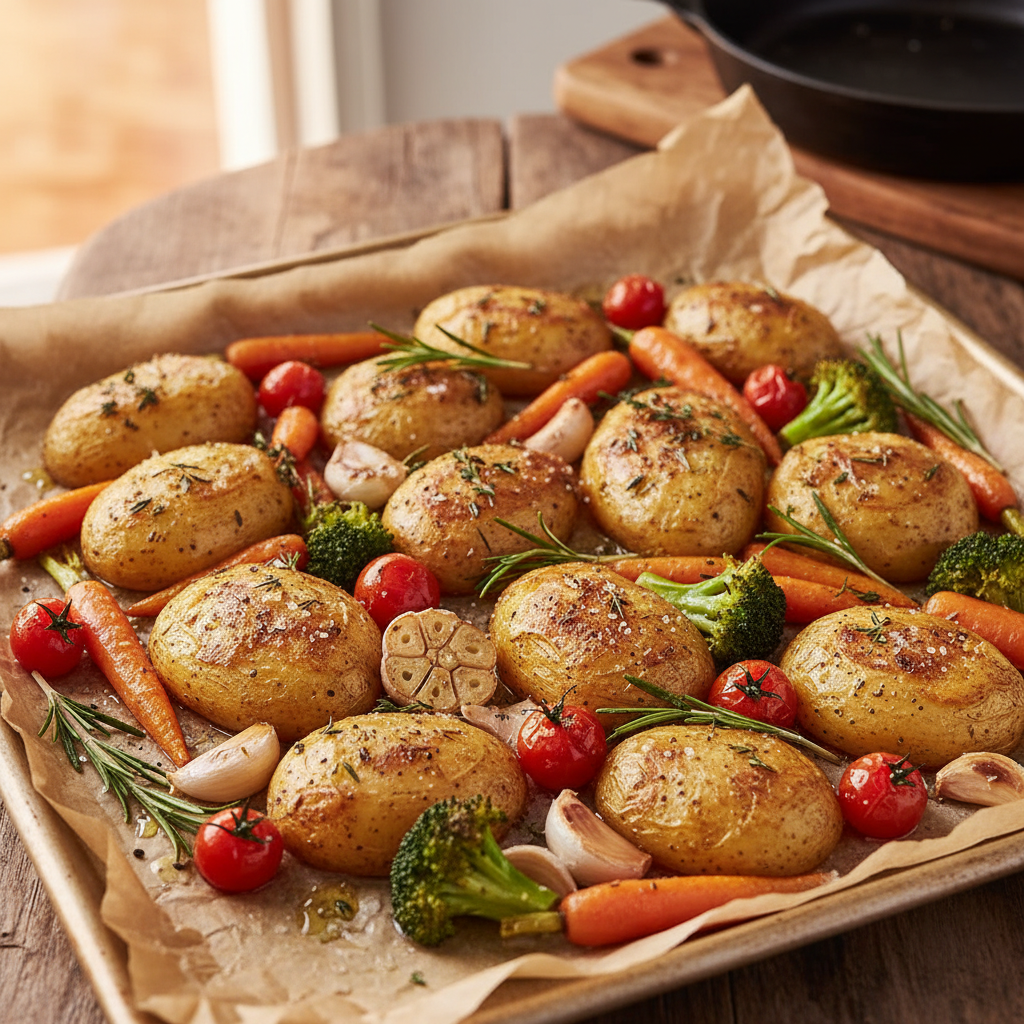 Garlic Herb Roasted Potatoes and Veggies cooked
