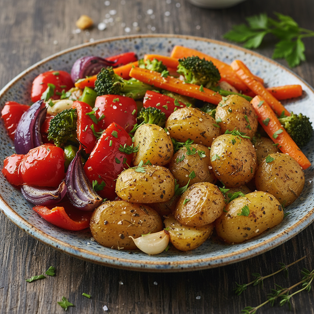 Mixing potatoes and veggies with garlic and herbs in a bowl