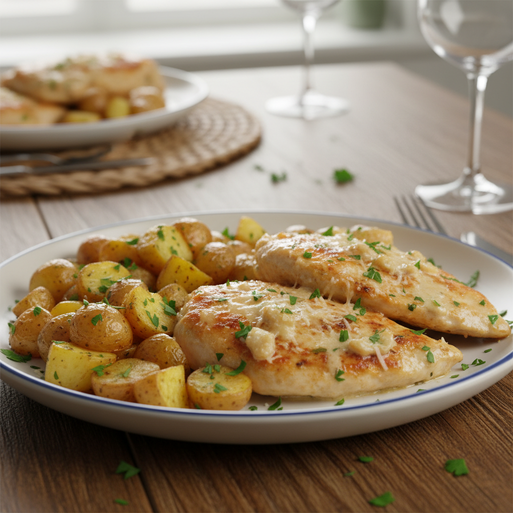 Finished Garlic Parmesan Chicken and Potatoes with garnish