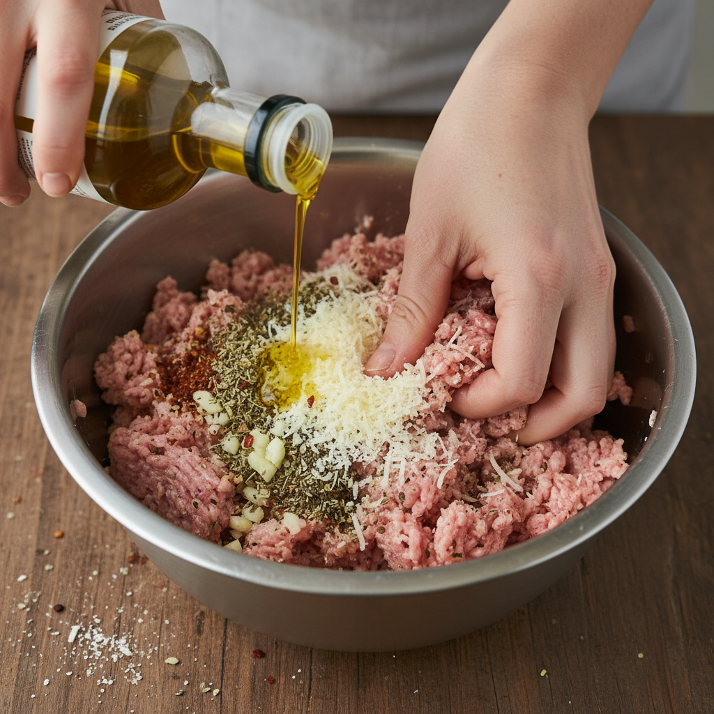 Mixing ingredients for Garlic Parmesan Chicken Meatloaves