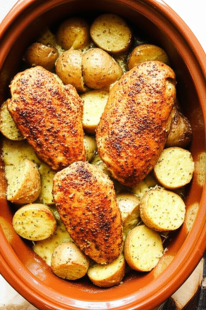 Garlic Parmesan Crockpot Chicken and Potatoes served