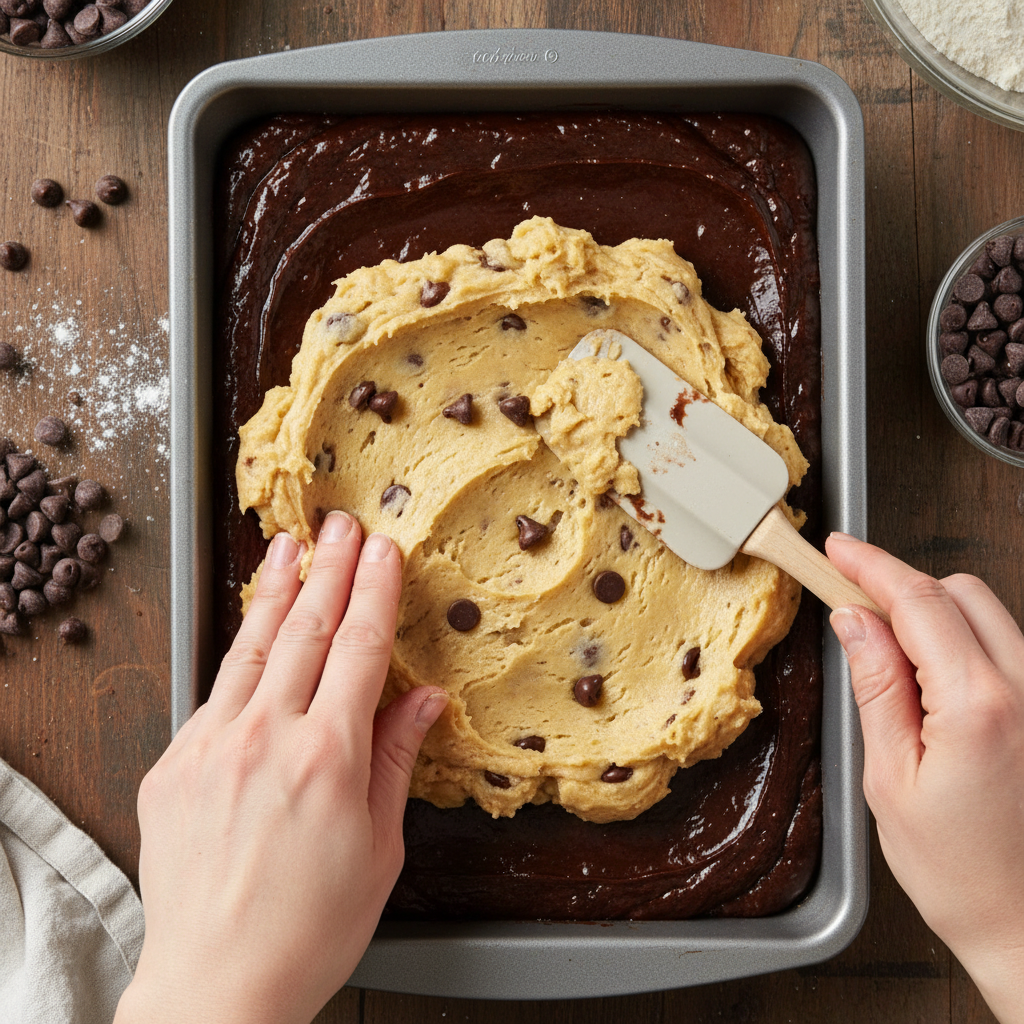 Spoonfuls of cookie dough layered on brownie batter