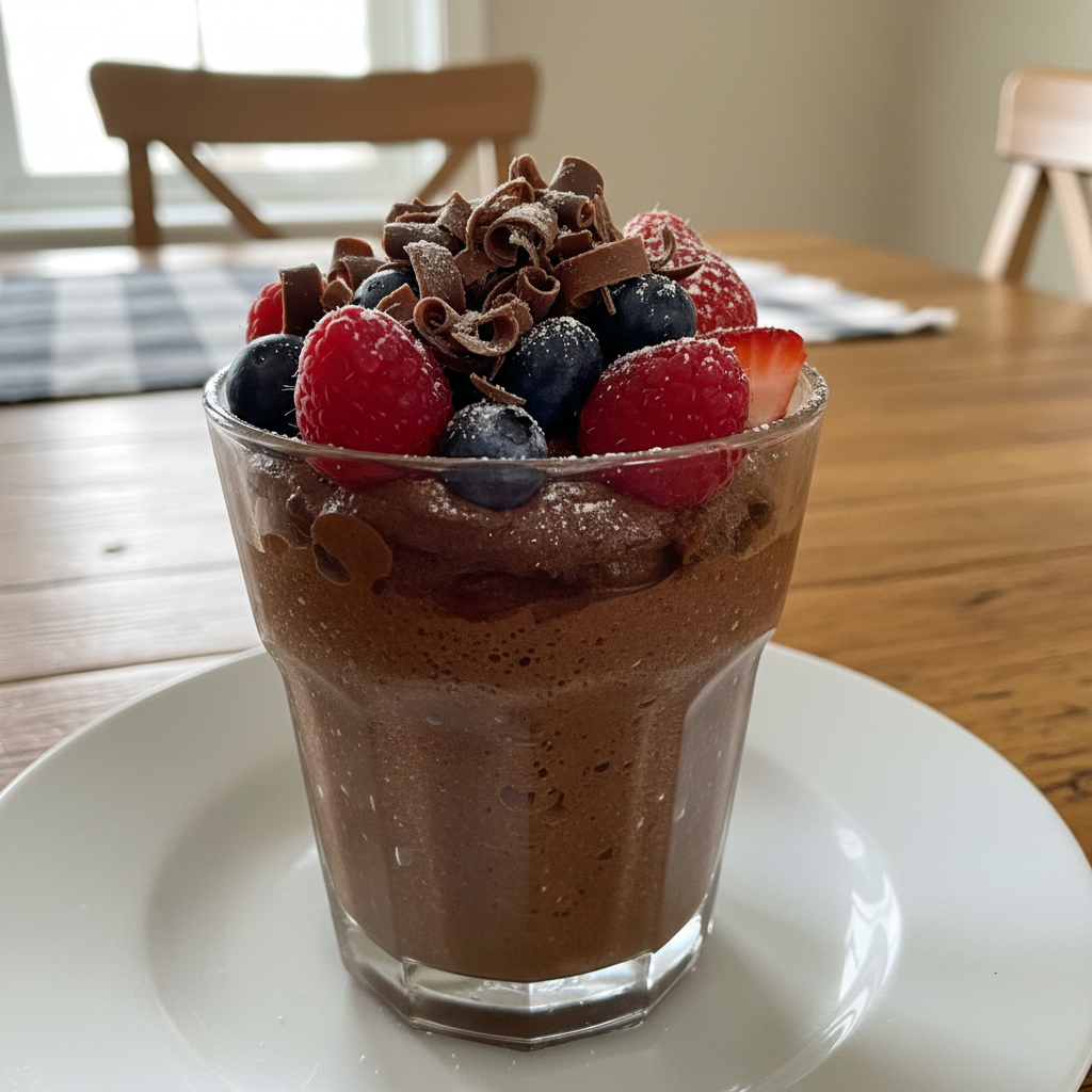 Finished Cottage Cheese Dark Chocolate Mousse dessert served with toppings