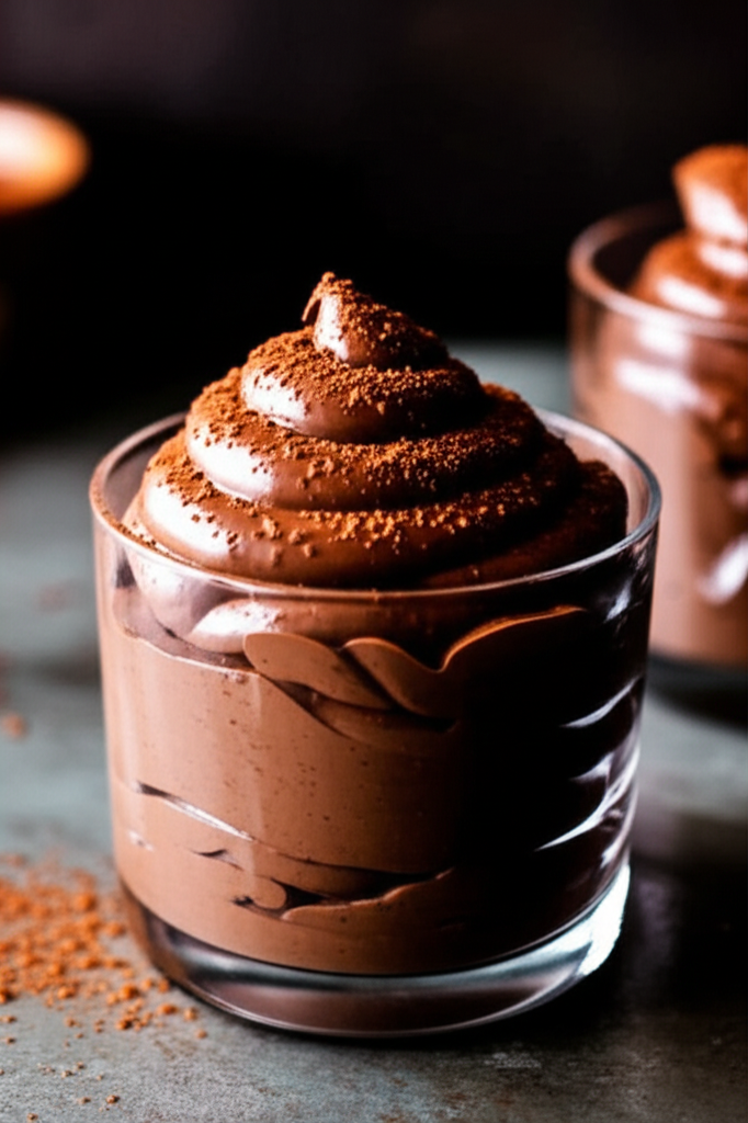 Creamy Cottage Cheese Dark Chocolate Mousse dessert in a glass