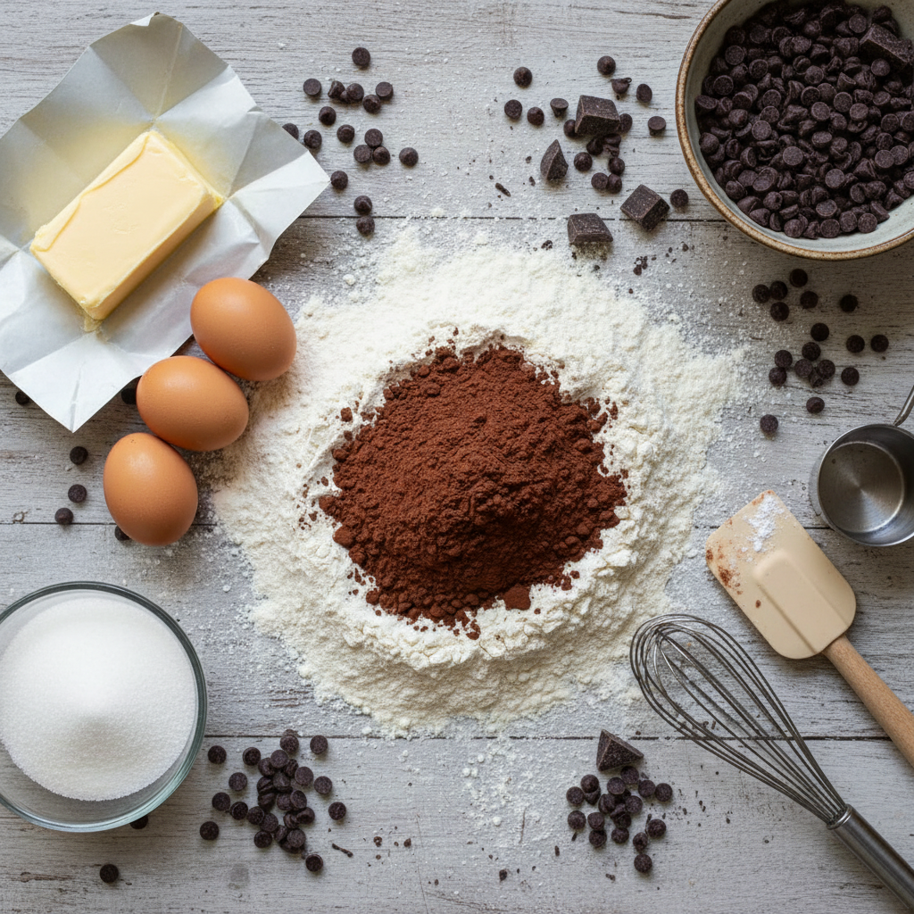 Ingredients for Chocolate Chip Cookie Brownies laid out