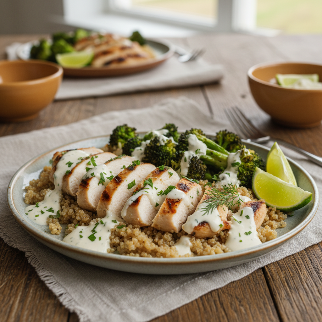 Bowls of grilled chicken and broccoli with creamy garlic sauce served