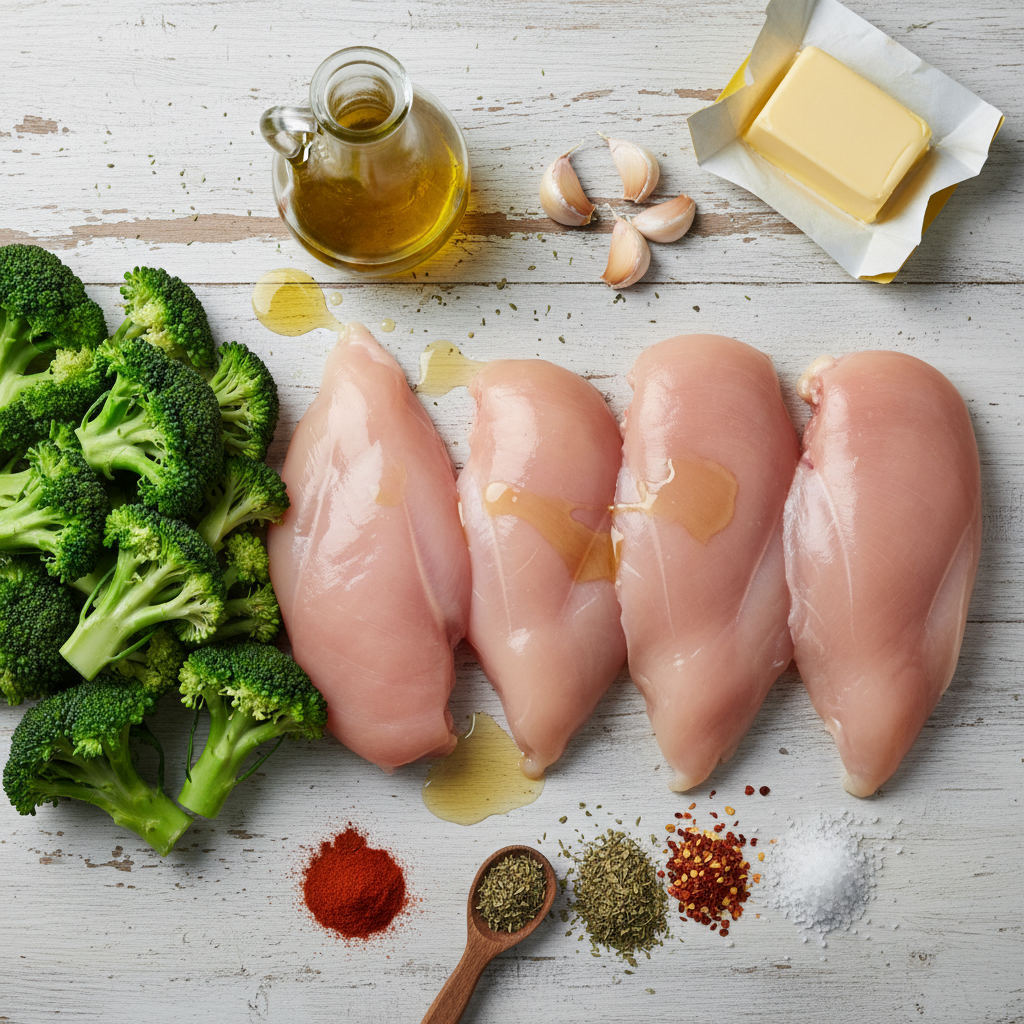 Ingredients for grilled chicken and broccoli bowls