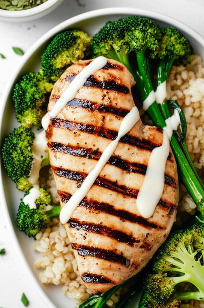 Grilled chicken, broccoli and creamy garlic sauce bowl