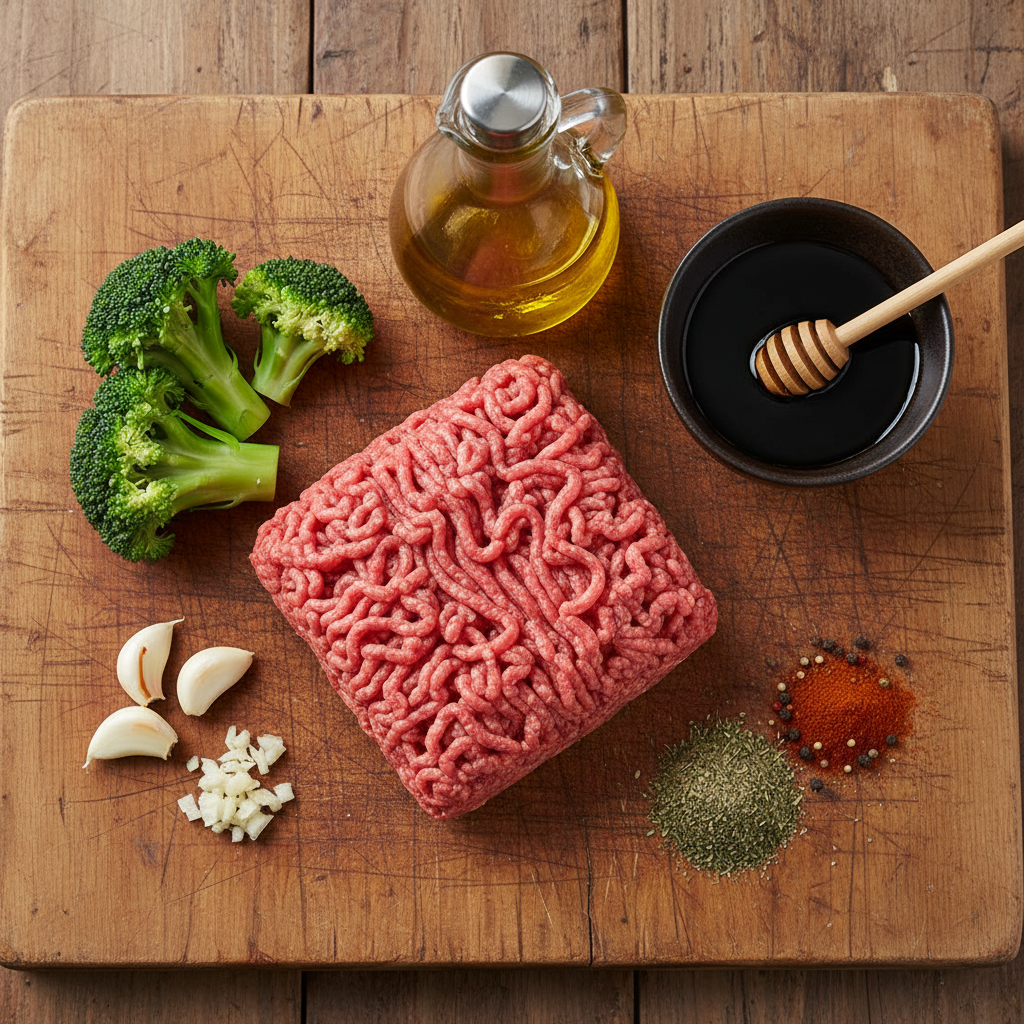 Ingredients and tools for Ground Beef and Broccoli