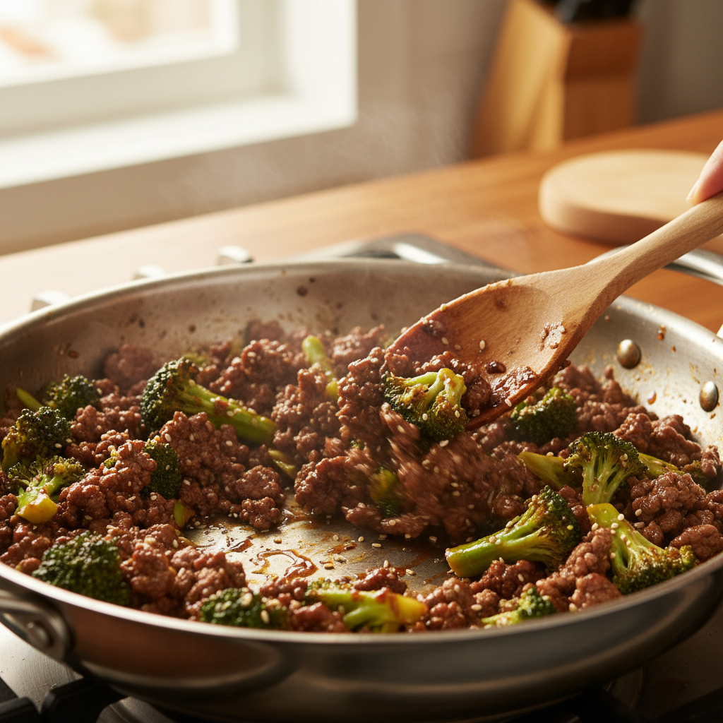 Whisking sauce ingredients for Ground Beef and Broccoli
