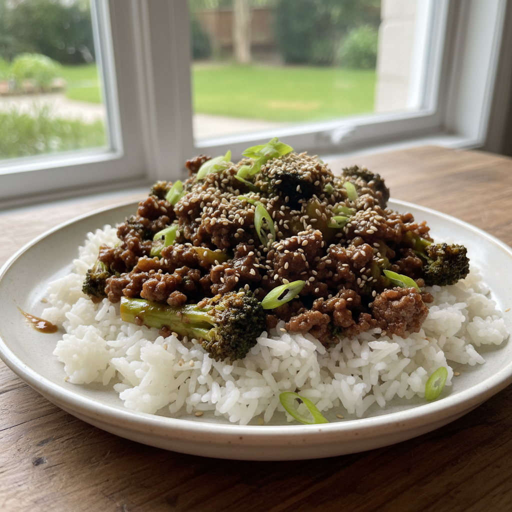 Ground Beef and Broccoli cooking on the stove