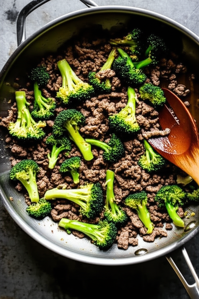 Ground Beef and Broccoli dish served over rice