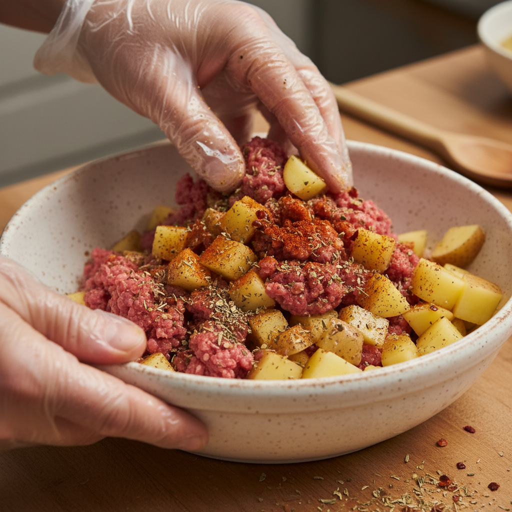 Potatoes and spices in skillet