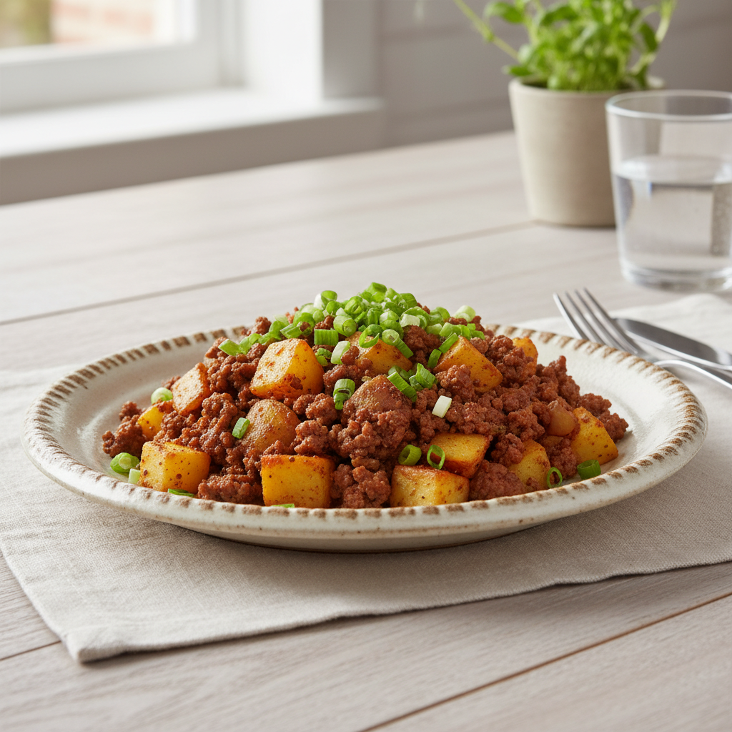 Prepared Ground Beef and Potatoes meal ready to serve