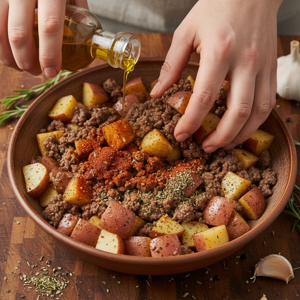 Potatoes simmering in skillet with spices and beef stock
