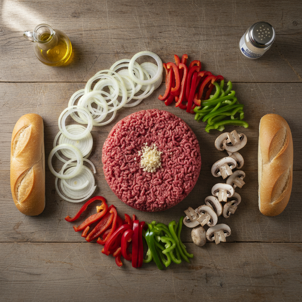 Ingredients for Ground Beef Philly Cheesesteaks including vegetables and ground beef