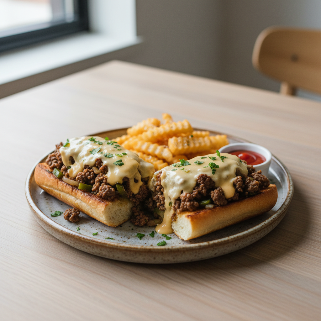 Served Ground Beef Philly Cheesesteak with fries and dipping sauces
