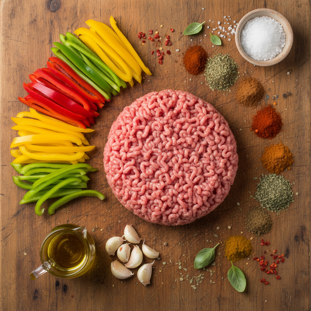 Ingredients for Ground Turkey with Peppers laid out
