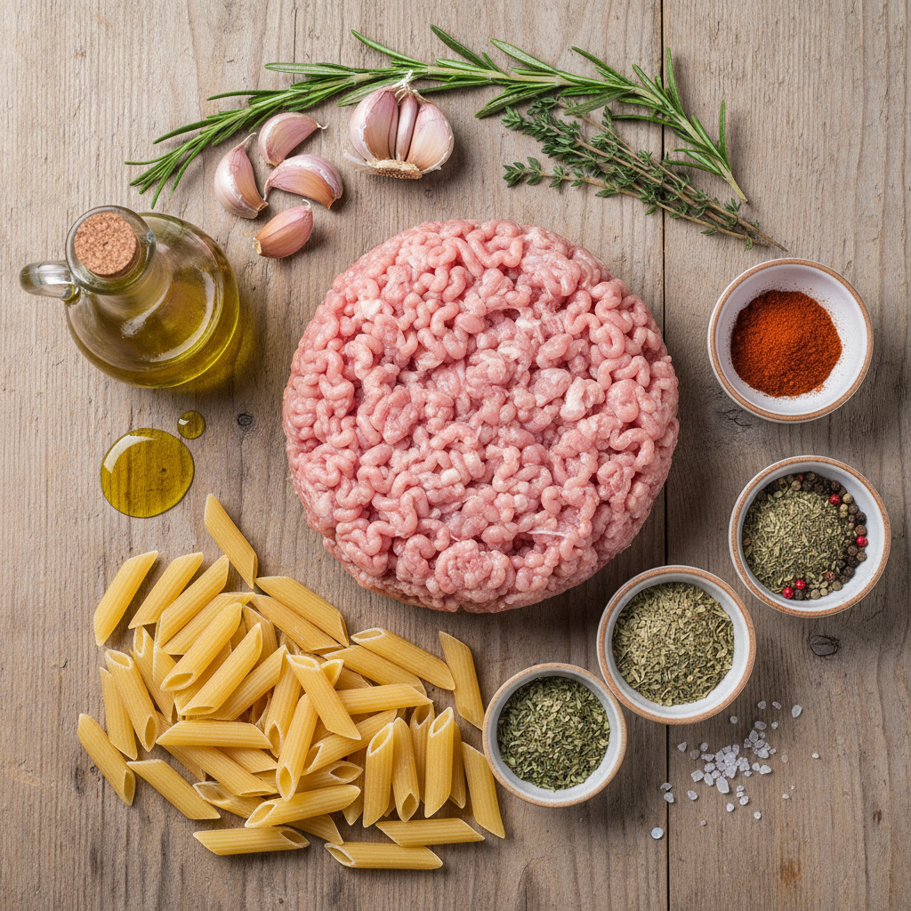 Ingredients for ground turkey pasta laid out