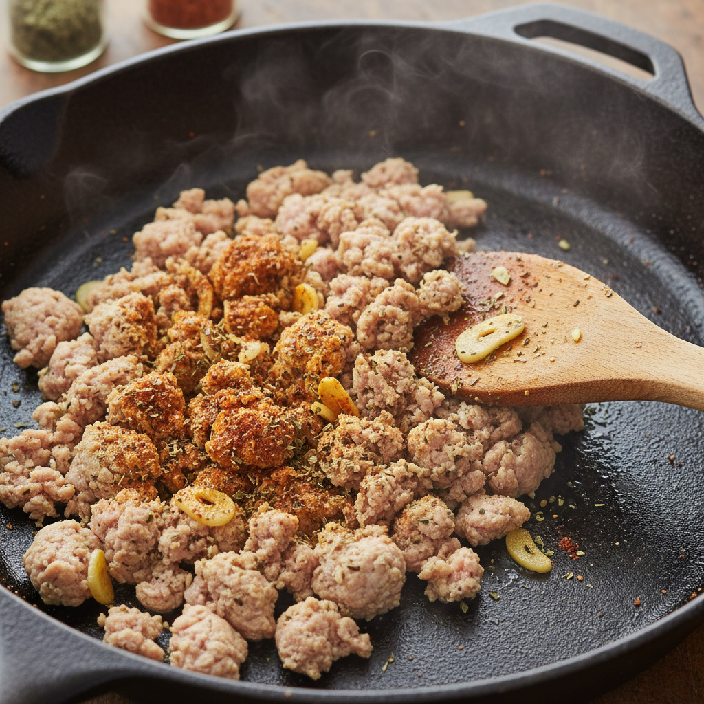 Cooking ground turkey and seasoning it in pan